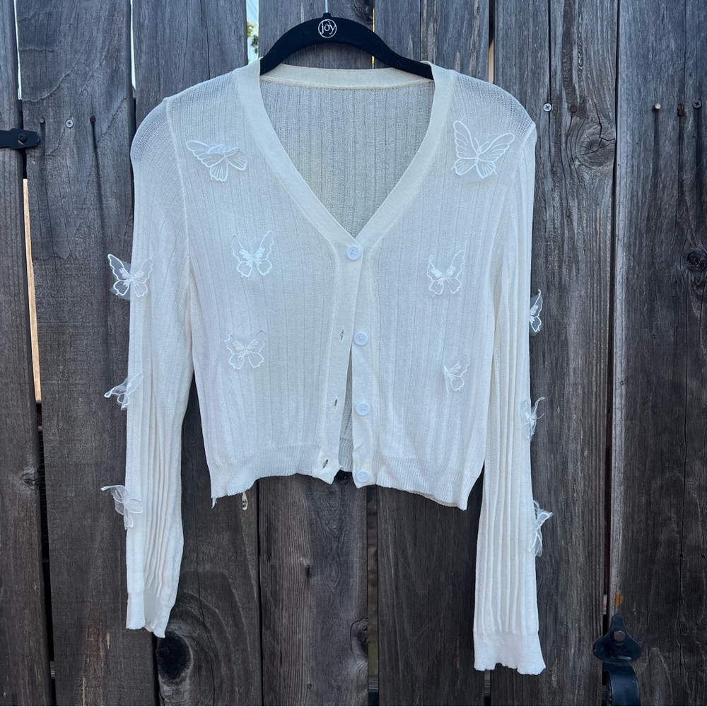 White Cardigan with Butterfly Embroidery
